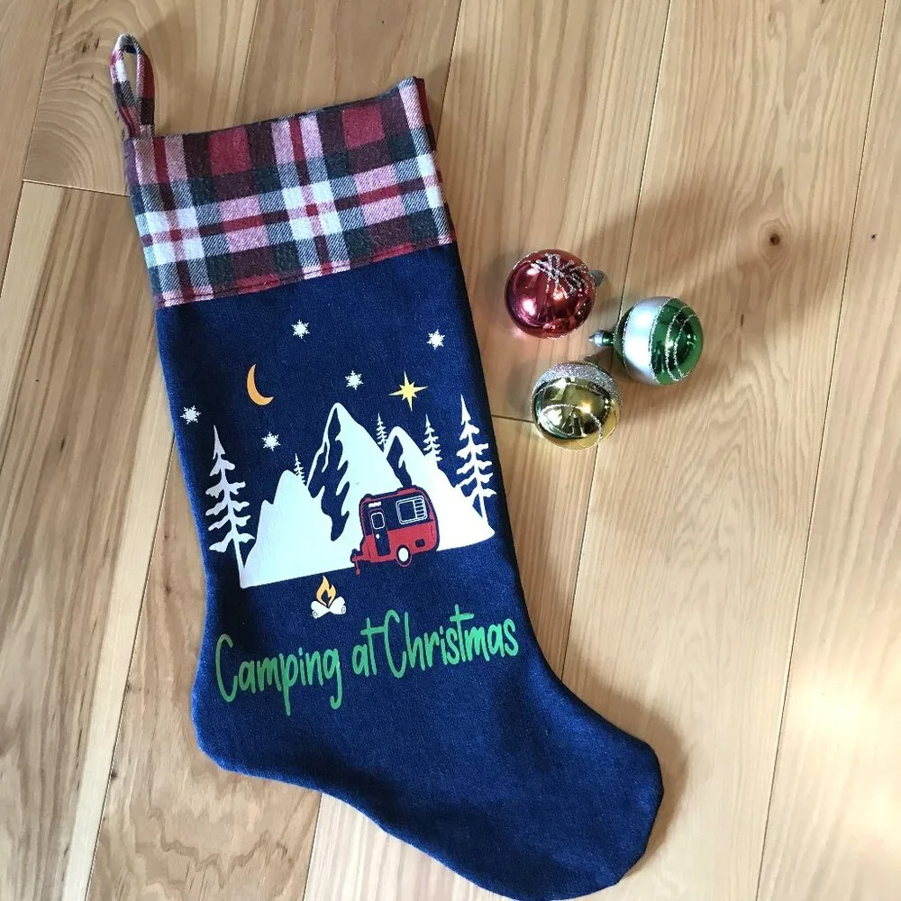Handmade Denim Christmas Stocking, Mountains Cabin Decor Camping Fishing M-L